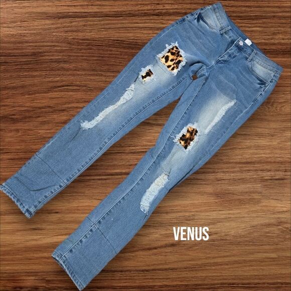 Venus Animal Print Patched Distressed Skinny Jeans - Picture 1 of 4